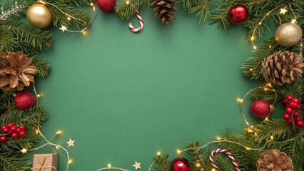 green background surrounded by Christmas decorations with an empty background in the middle
