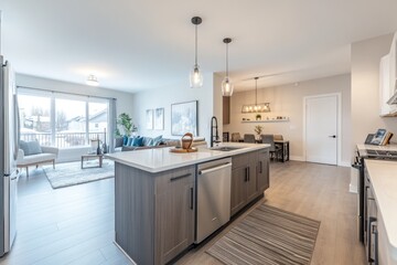 Stylish Open Concept Interior: Welcoming Living Room and Modern Kitchen with Island and Elegant Lighting in New Home