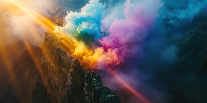 A majestic mountain cliff alive with swirling colorful smoke, illuminated by radiant beams of light, all set against a shadowy and infinite void