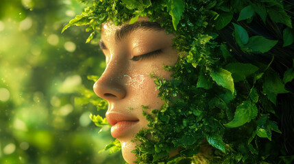A serene woman surrounded by lush green leaves, embodying nature's tranquility in a sunlit forest setting