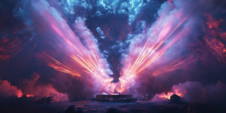 An orbital masterpiece featuring a whirlpool of vibrant smoke on a colossal stage, pierced by a myriad of intersecting light beams, encased in a concert lighting ambiance and infinite darkness