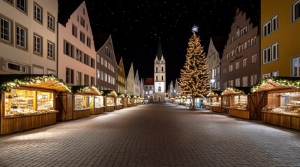 Twinkling lights illuminate the festive stalls at the Christmas market in Trier, showcasing delicacies against a night sky backdrop