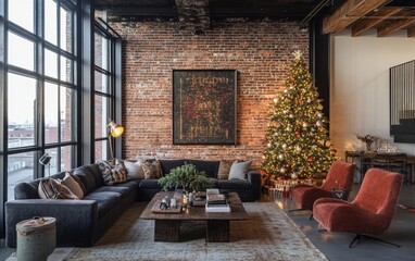 A modern rustic living room with an exposed brick wall, a Christmas tree decorated in earthy tones, and furniture with a mix of modern and vintage styles