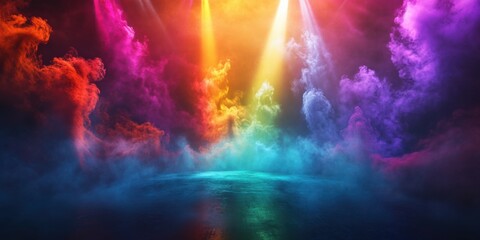 Arena stage alive with dynamic, colorful smoke swirls, intersected by vibrant light beams from multiple directions, set in an infinite dark concert atmosphere