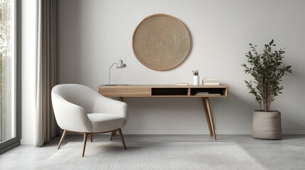 Minimalist Scandinavian Home Office with Wooden Desk, Armchair, and Wicker Wall Decor