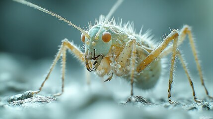 Fototapeta premium Close-up of a small, hairy insect with large eyes and antennae, perched on a textured surface.