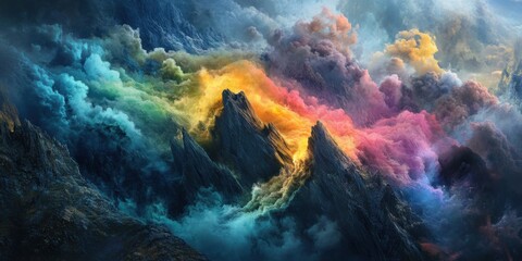 Obraz premium Colorful smoke swirling along a jagged mountain cliff, intersected by radiant light beams, fading into the infinite shadows of a dark void