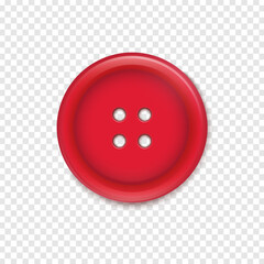 Realistic Red Clothes Button with Four Holes. Sewing item decoration design. Tailor craft accessories element. Vector EPS 10