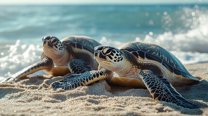 Obraz premium Majestic two sea turtles laying pristine beach picture
