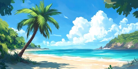 Obraz premium Tropical Paradise: Scenic Coral Beach Fringed with Majestic Palm Trees Under a Beautiful Blue Sky