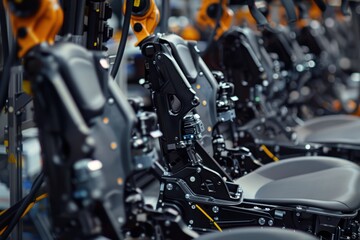 Fototapeta premium Robotic Precision in Car Seat Installation on a Modern Assembly Line for Automotive Manufacturing