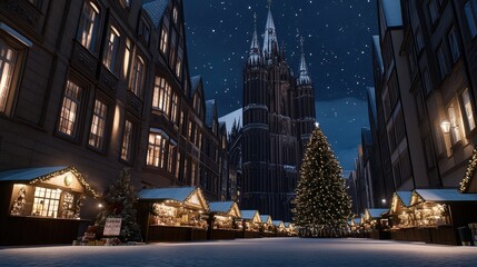 Twinkling lights illuminate the festive stalls at the Christmas market in Trier, showcasing delicacies against a night sky backdrop