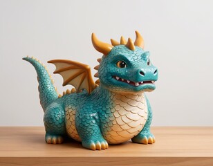 Naklejka premium Cute Ceramic dragon figurine blue color isolated on white background. Charming decorative element for interior decoration, print concept