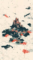 Mystical mountain landscape featuring intricate pyrography-inspired patterns combined with digital drawing, reflecting a tranquil and imaginative aesthetic.