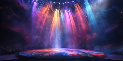 Dynamic arena stage bathed in swirling colorful smoke, intersected by a dense matrix of spotlight...