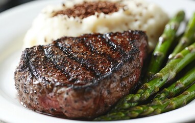 A perfectly cooked Wagyu steak, medium-rare, with a rich crust, served alongside truffle mashed potatoes and grilled asparagus on an elegant white plate