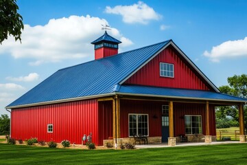 Obraz premium Contemporary Metal House. Modern Architecture with Bold Roof Against a Clear Sky