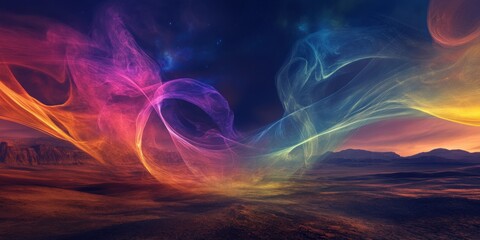 Dynamic colorful smoke spiraling in the middle of a vast desert landscape, illuminated by intersecting spotlight beams, set against the dramatic infinity of a dark void