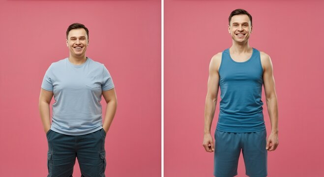 Transformation of caucasian male from casual to athletic appearance on pink background