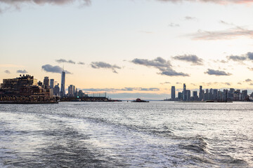 NYC and New Jersey Skylines Across the Hudson River at Sunset