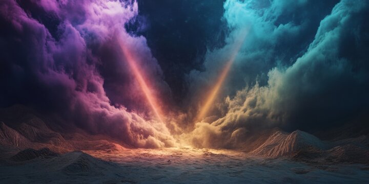 Dynamic, colorful smoke swirling across a serene desert scene, intersected by vibrant spotlight beams, blending into the dramatic infinity of a dark void