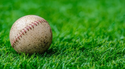 A Well-Used Baseball Rests on Lush Green Grass Field