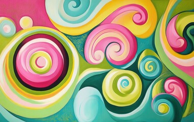 Bright and playful abstract swirls in candy-like colors such as bubblegum pink, lime green, and sky blue