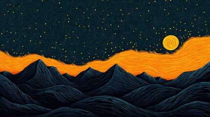 Serene mountain illustration blending pyrography details and digital art techniques, perfect for creating an otherworldly and atmospheric visual.