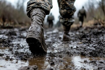 A soldier trudges through muddy terrain during a mission, showcasing the physical challenges of military life and the determination required to overcome environmental obstacles.