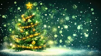 Festive Green Christmas Tree Branch Adorned with Sparkling Lights Amidst a Winter Wonderland of Falling Snow