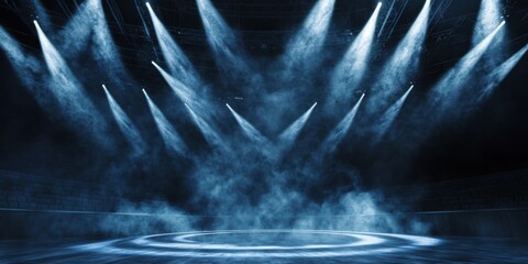 Dynamic motion of radiant smoke spiraling upward from an arena stage, intersecting beams from a complex spotlight rig slicing through the dark void, evoking pure concert energy