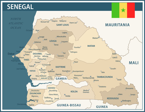 Senegal Map Vector Vintage Dark Blue Beige - Customizable layered political map of Senegal with administrative divisions for website, education, reports, news, politics, print, poster and wallpaper