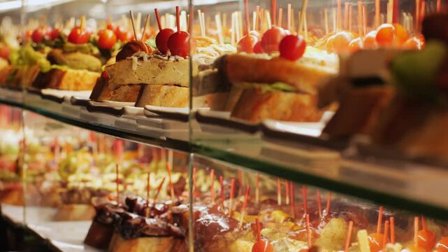 Italian or Spanish restaurant with traditional tapas pinchos food, Spanish cuisine, delicious tapas and cheese plate, bruschetta with cheese, olives dry tomatoes tasty sandwich bar appetizer, buffet