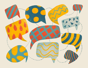 Colorful speech bubbles with various patterns on a light background