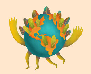 Earth as a vibrant creature with leafy features and limbs in nature