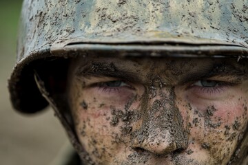 Obraz premium A soldier’s face is covered in mud, revealing gritty determination and resilience during rigorous military training, highlighting the physical and mental challenges faced.