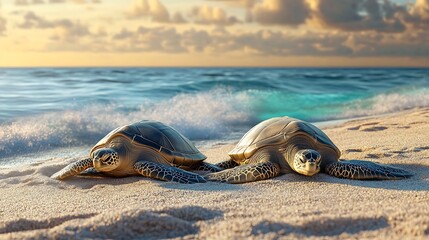Beautiful two sea turtles laying beach picture