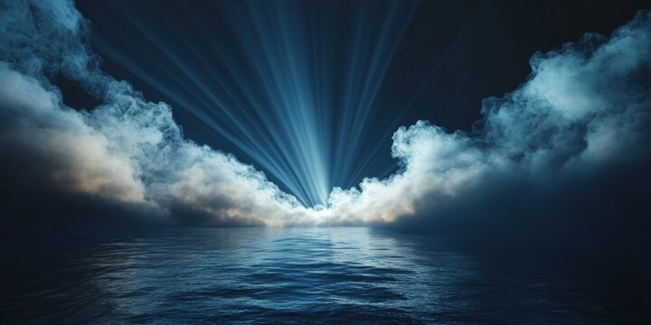 Dynamic plumes of vibrant smoke flowing across a tranquil ocean shore, intersected by beams of light, suspended in the dramatic infinity of a dark void