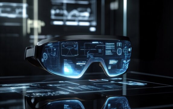 A sleek virtual reality headset with holographic interface projections surrounding the user
