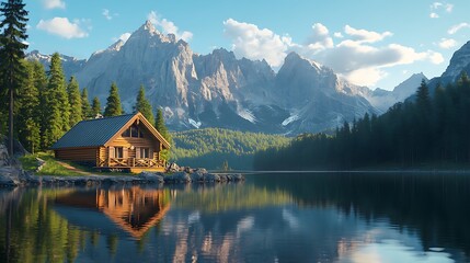 Obraz premium Cabin by lake surrounded forest and mountain pictureCabin by lake surrounded forest and mountain picture