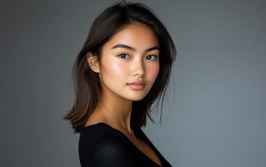 Naklejka premium A studio portrait of a young woman with flawless skin, dramatic lighting emphasizing her high cheekbones 
