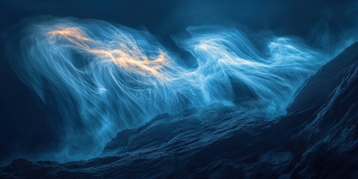 Dynamic smoke swirls creating a vibrant vortex along a steep mountain cliff, illuminated by intersecting light beams, set in an infinite shadowy void