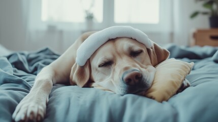 sick dog lying on the bed