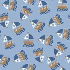 Seamless pattern with boats on blue 