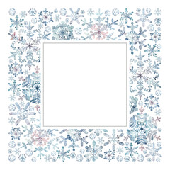 Watercolor snowflakes winter granulation illustration frame square border. Frost crystals drawn by hand. Painted drawing isolated background. For print, cards, banner, invitation, gift decor business