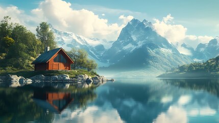 Fototapeta premium Lake cabin overlooking majestic mountain and forest views picture