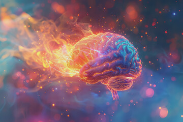 Obraz premium A 3D human brain model glowing with colorful lights is a creative idea.