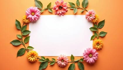 Blank sheet surrounded by colorful flowers and leaves, warm orange background for creative projects