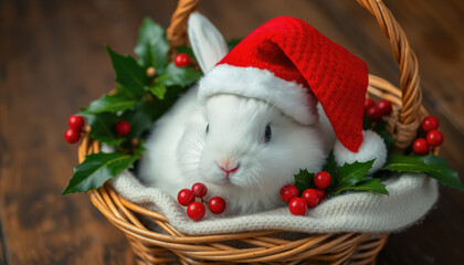 Cute white bunny wearing a Santa hat, resting on a wooden table with festive decorations