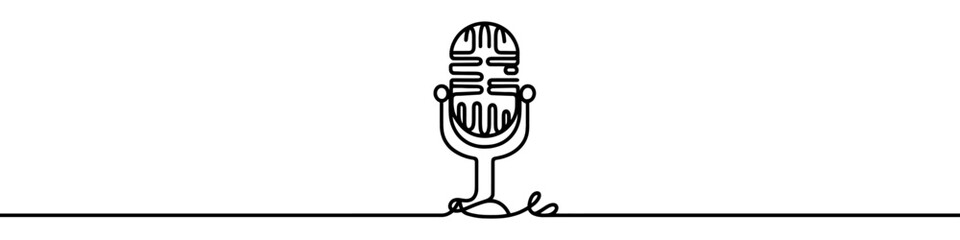 One continuous line illustration of a retro microphone, isolated on white background. Line art of retro microphone